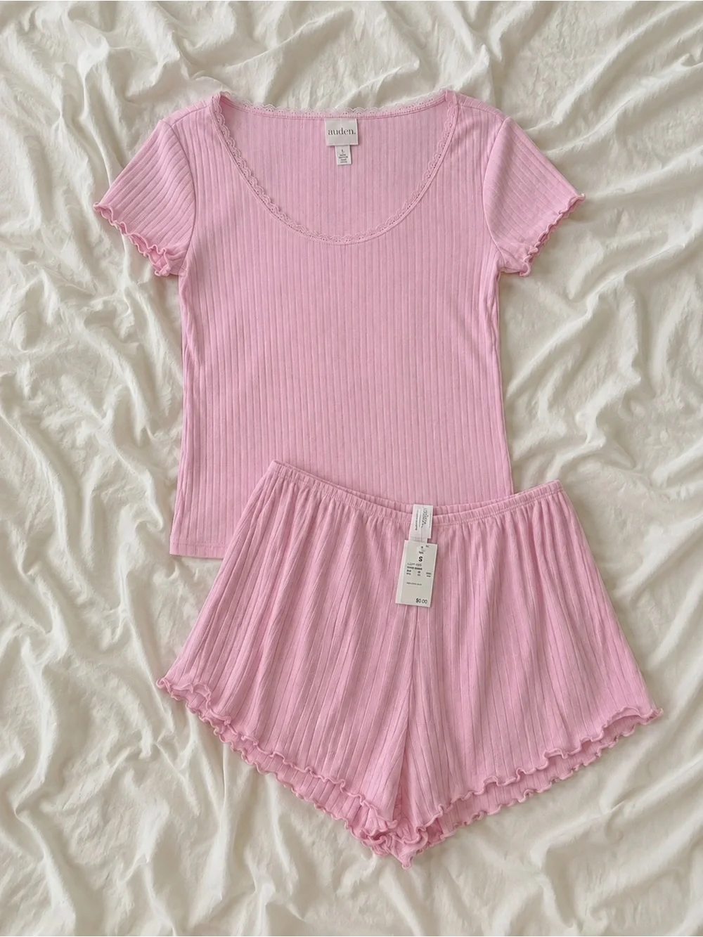 Auden Light Pink Ribbed Short Sleeve Top & Ruffle Hem Shorts Sleep Set Sz S NWT